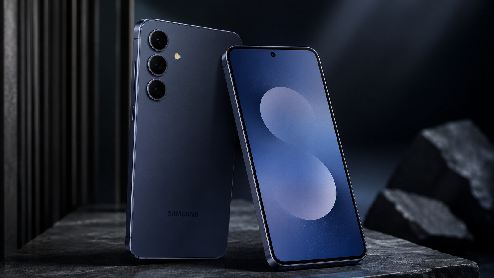 Samsung Galaxy S25 FE на темном фоне с акцентом на дизайн