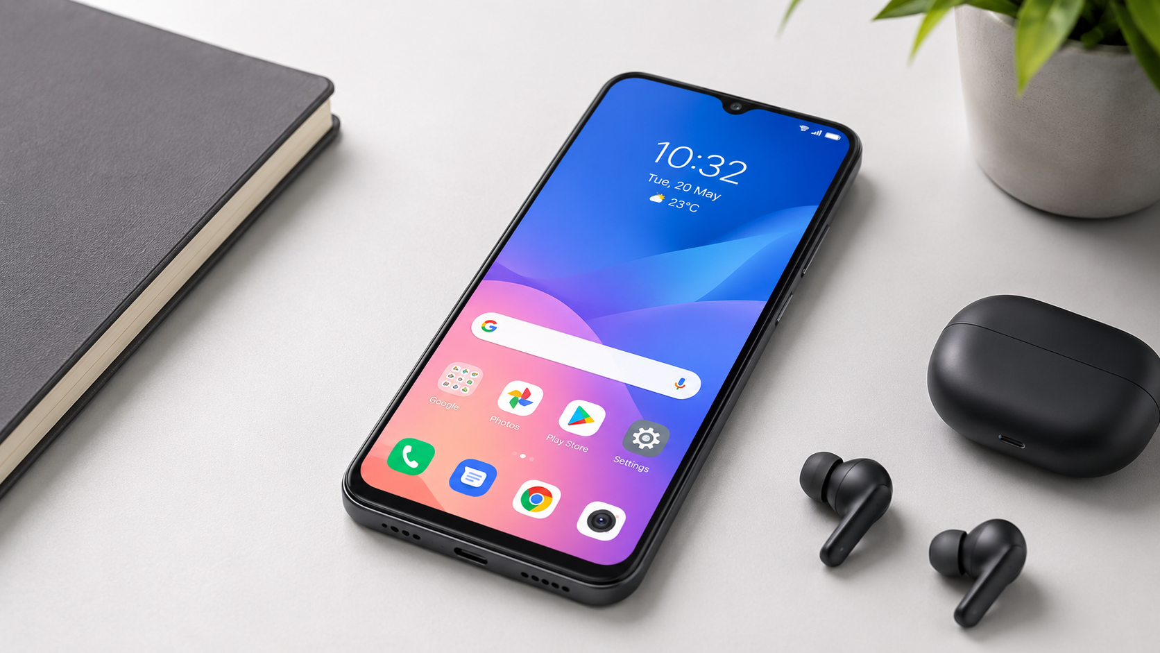 Бюджетный смартфон Samsung Galaxy M47 на столе с аксессуарами