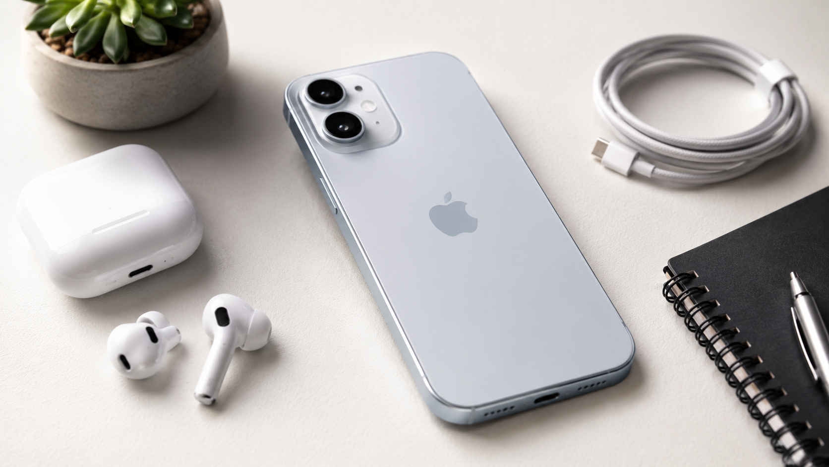 iPhone 18e на столе с аксессуарами