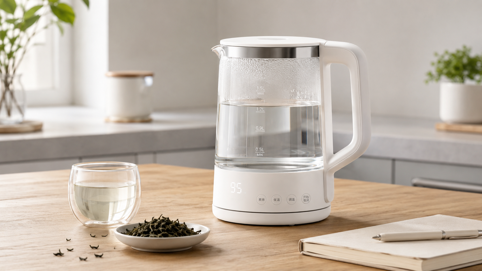 Умный чайник Xiaomi Mijia Health Pot 2 на столе с аксессуарами