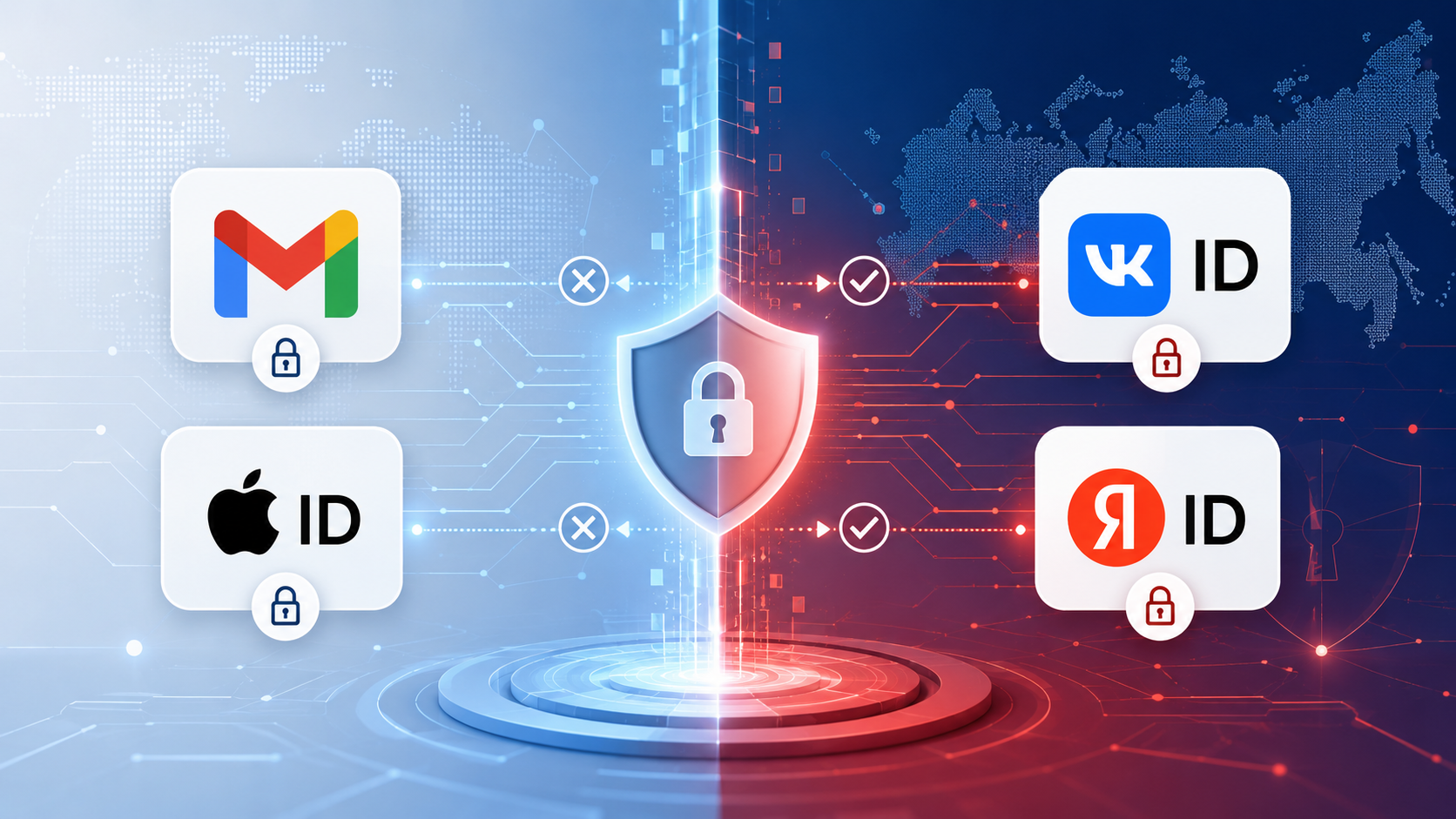 Логотипы Gmail, Apple ID и российских сервисов с символами безопасности