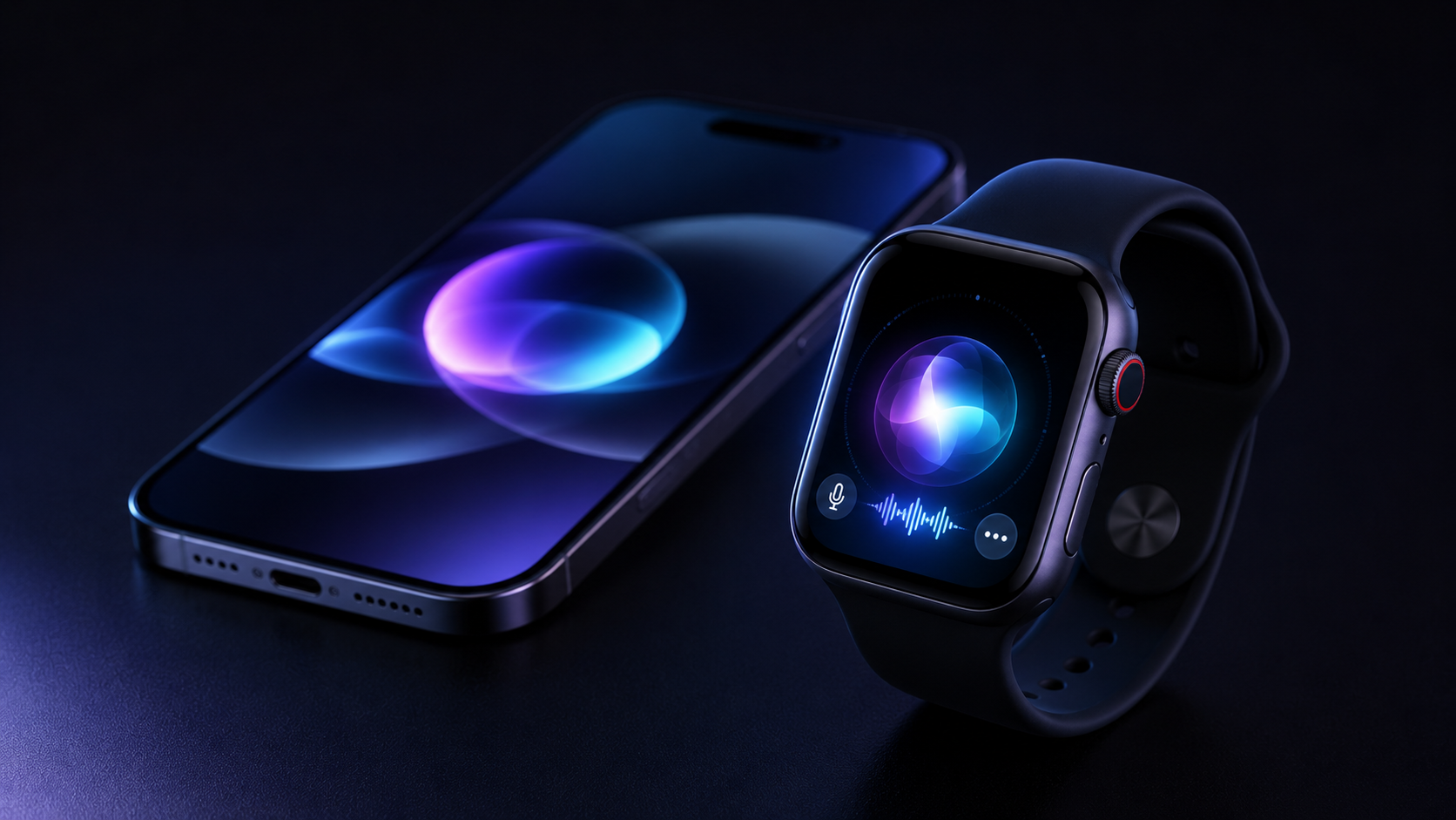 Apple Watch Series 9 с новым интерфейсом Siri AI рядом с iPhone на темном фоне