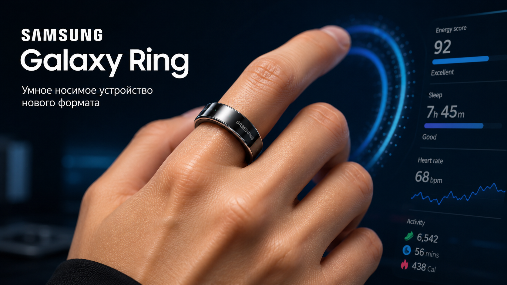 Samsung Galaxy Ring на пальце пользователя с технологическим фоном