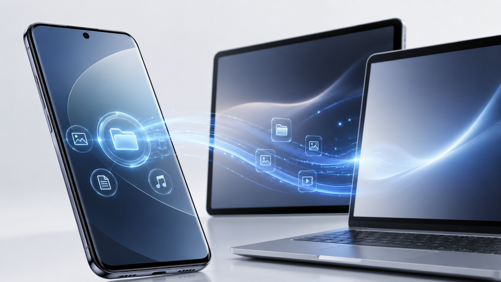 Смартфон, ноутбук и планшет соединены беспроводной передачей файлов.