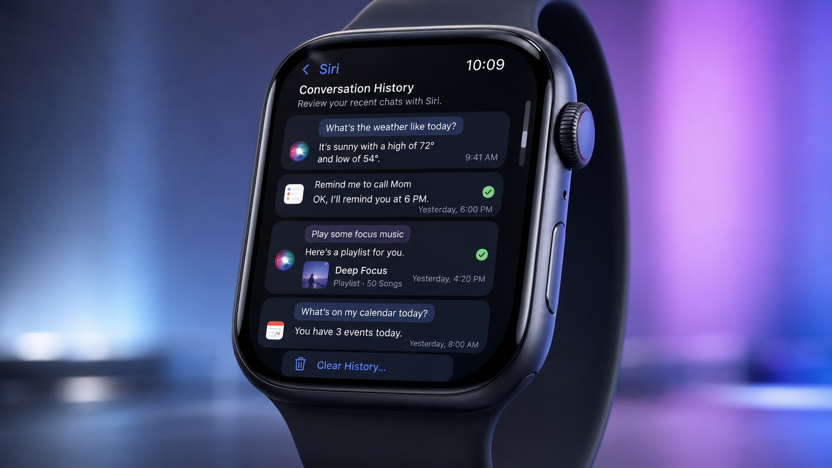 История диалогов Siri AI на экране Apple Watch