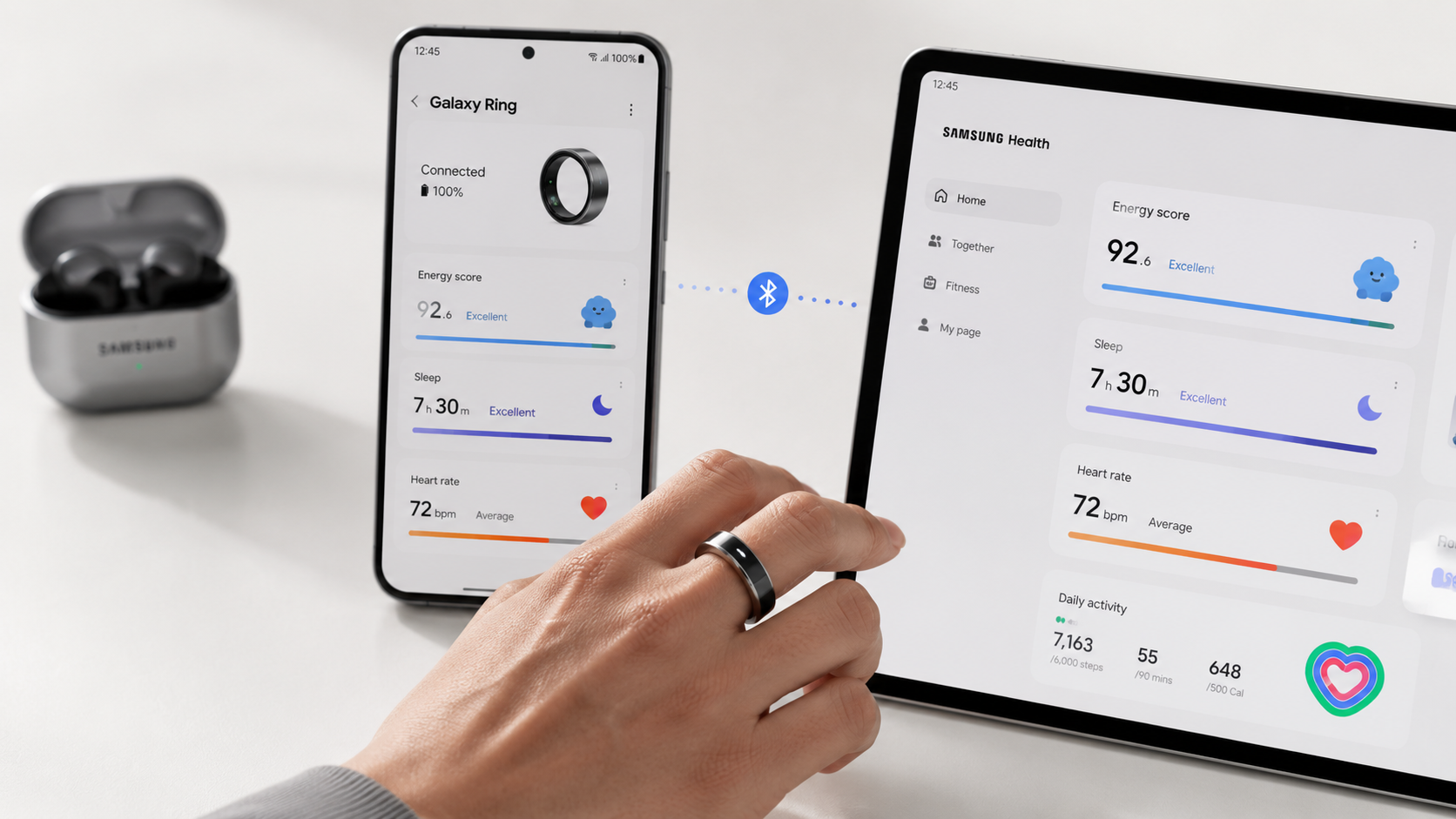 Samsung Galaxy Ring рядом со смартфоном и планшетом