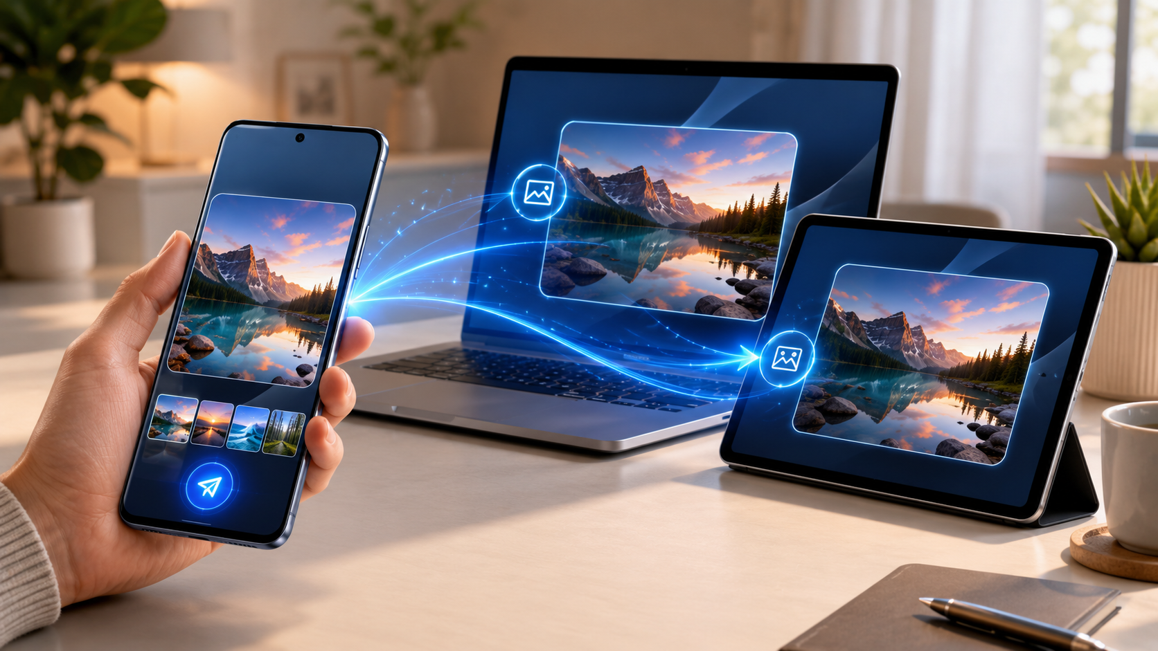 Android-смартфон передает файлы на другие устройства рядом.