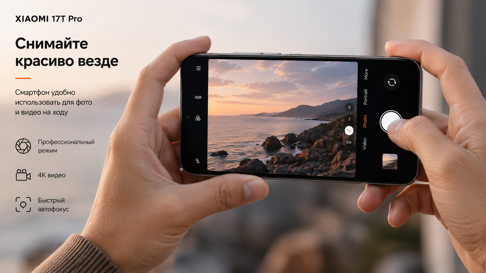 Xiaomi 17T Pro в руках человека с открытым приложением камеры