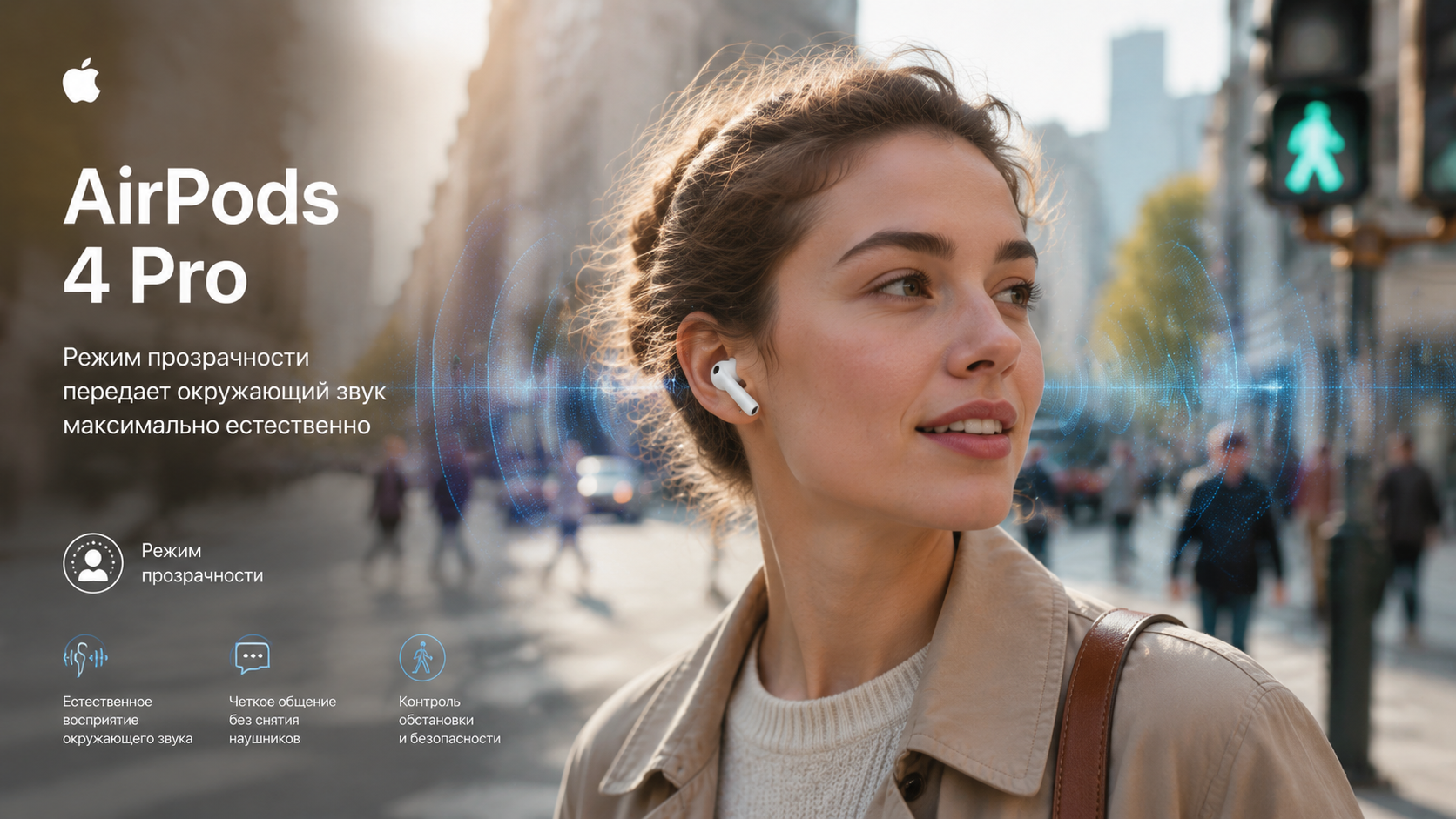 AirPods 4 Pro в режиме прозрачности на улице