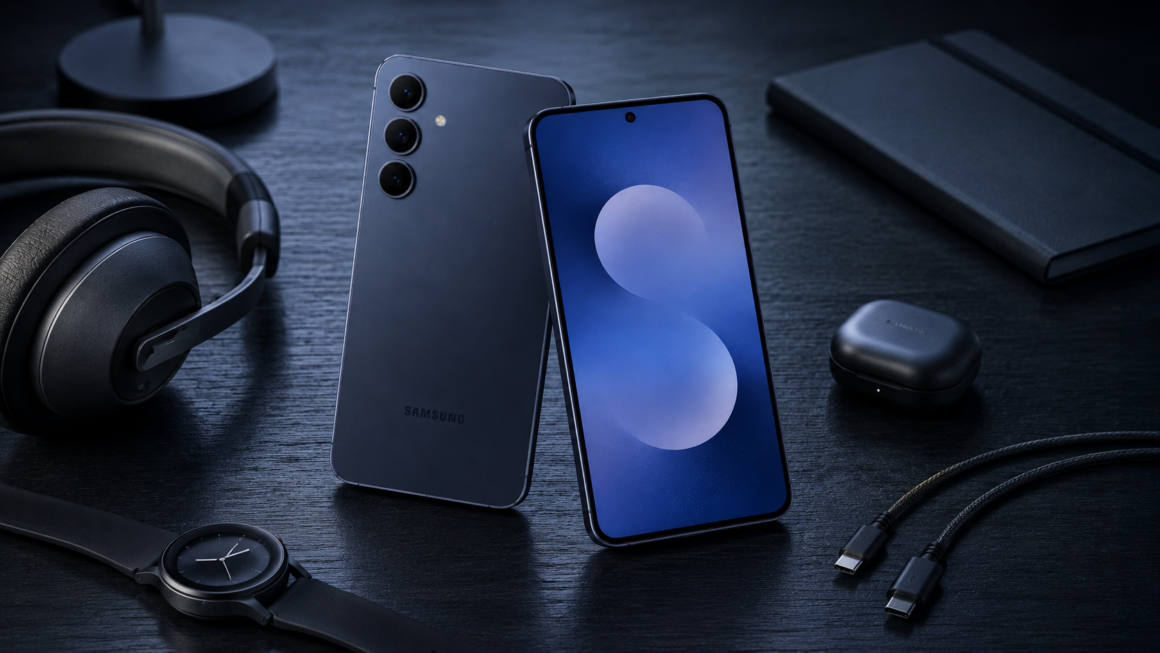 Samsung Galaxy S25 FE с аксессуарами на столе