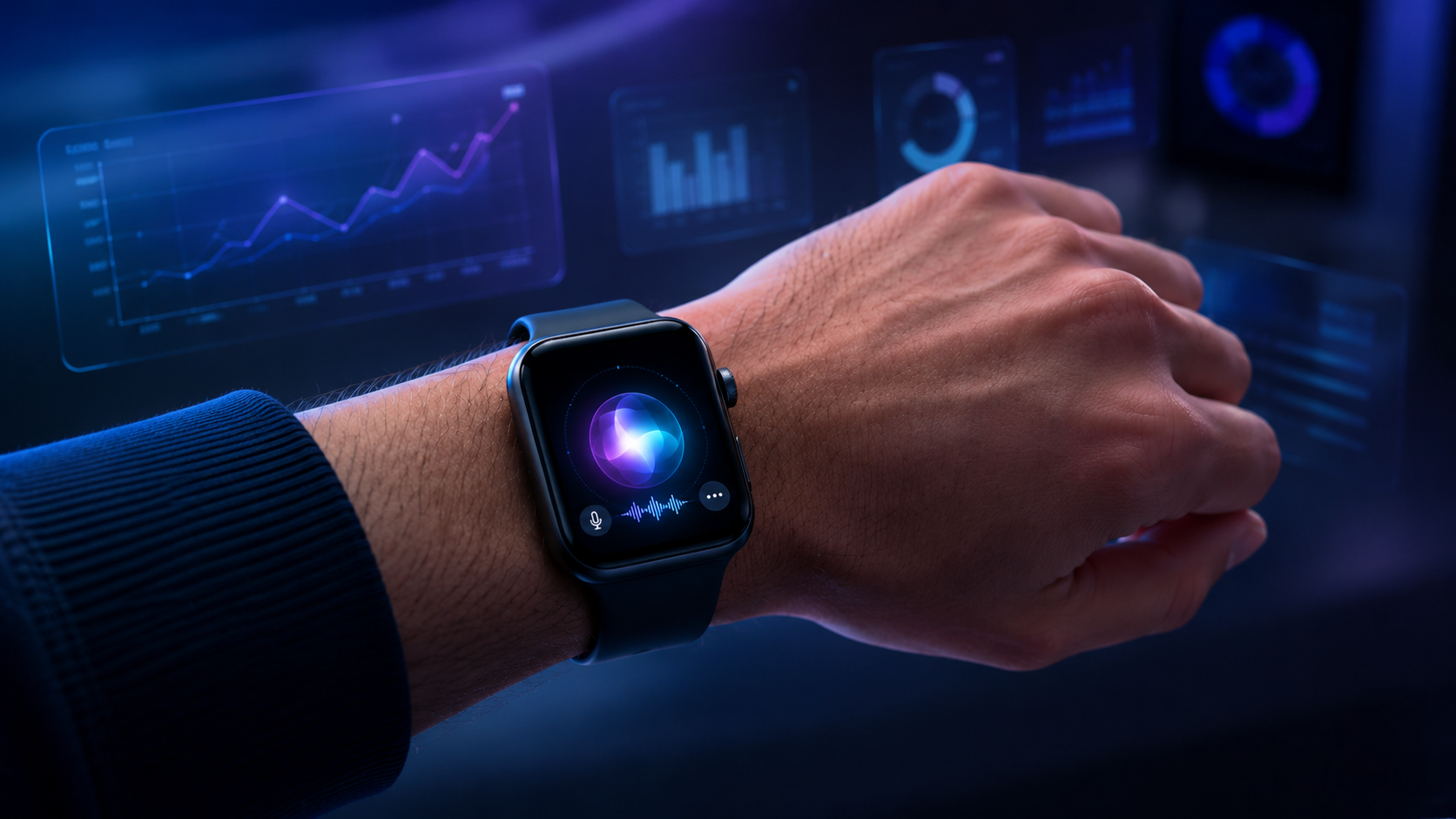 Apple Watch с активной Siri AI и графическим интерфейсом данных
