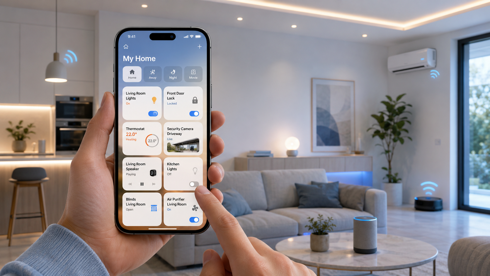 Пользователь управляет устройствами Apple Home через iPhone