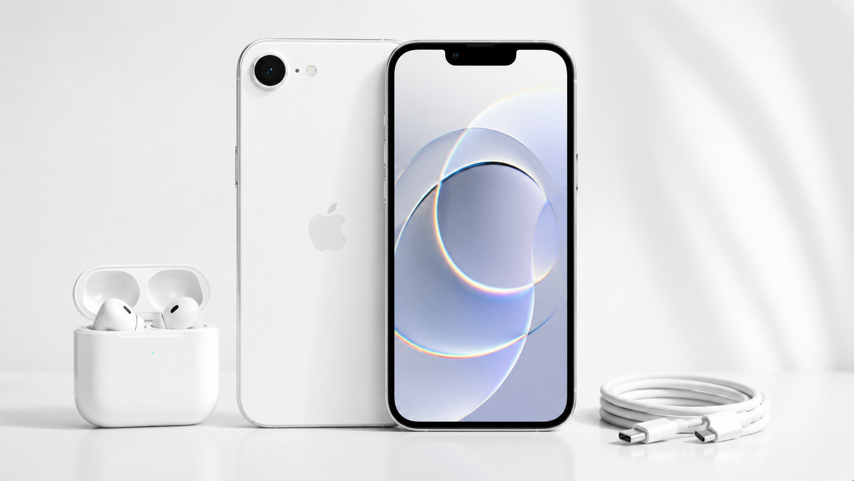 iPhone 17e на светлом фоне с аксессуарами