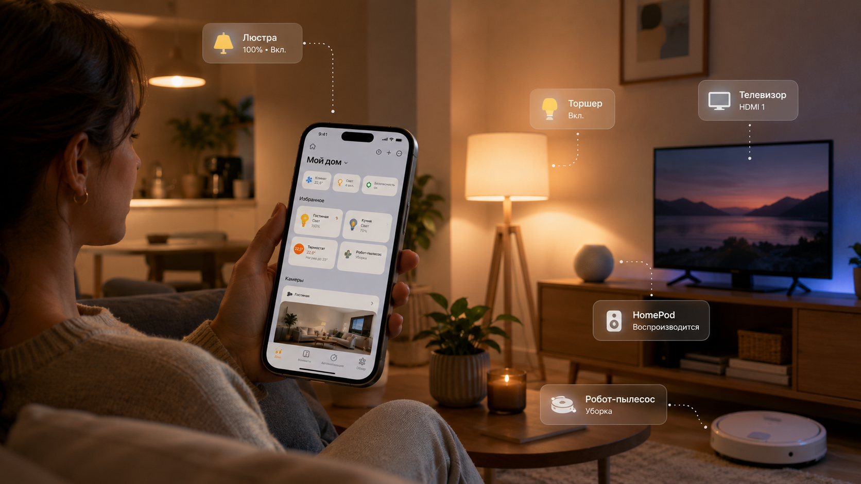Пользователь управляет умным домом через Apple Home в квартире